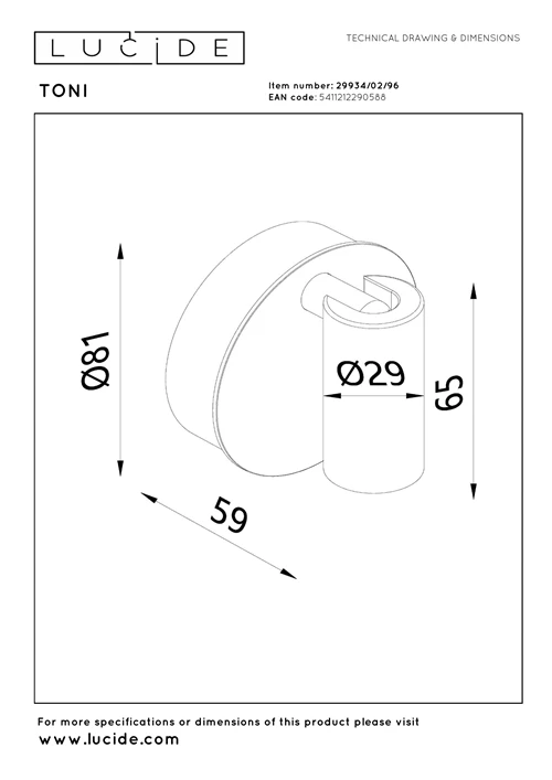 Lucide TONI - Spot mural / Applique mural Rechargeable - Batterie/Piles - Ø 8,1 cm - LED Dim. - CCT - 1x2W 2700K/4000K - Détecteur De Mouvement (désactivable) - Magnétique - Café - technique